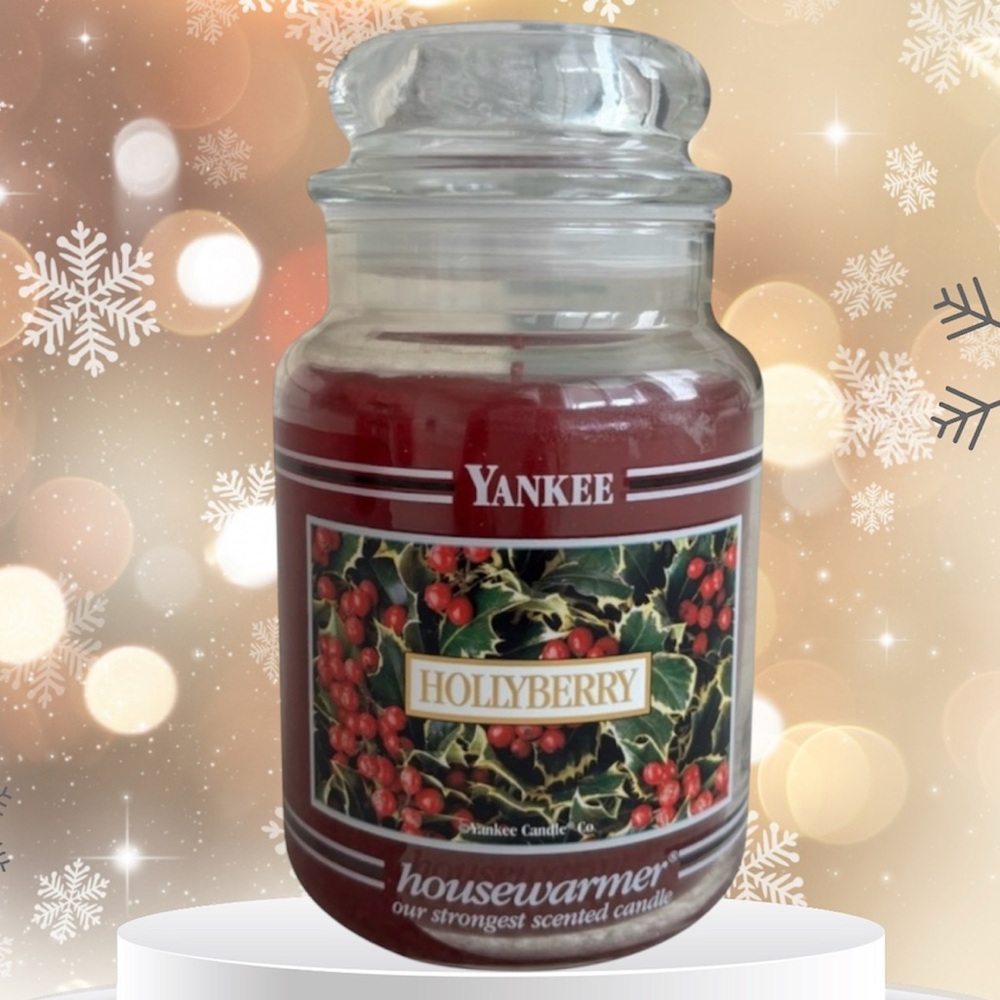 Yankee Candle Jar Hollyberry Rare Vintage Black Band Holiday Burgundy Red 22 Oz